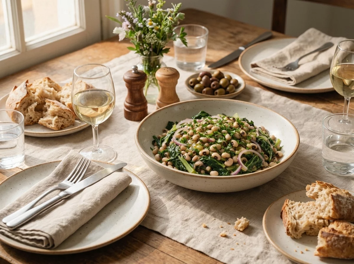 Rustic table set with louvi salad, torn bread and olives, linen napkin and a glass of wine in warm light