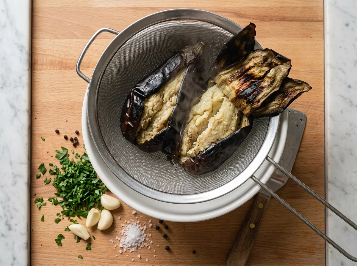 Close-up of roasted eggplant halves draining in a colander, charred skins peeled back to show soft steaming flesh