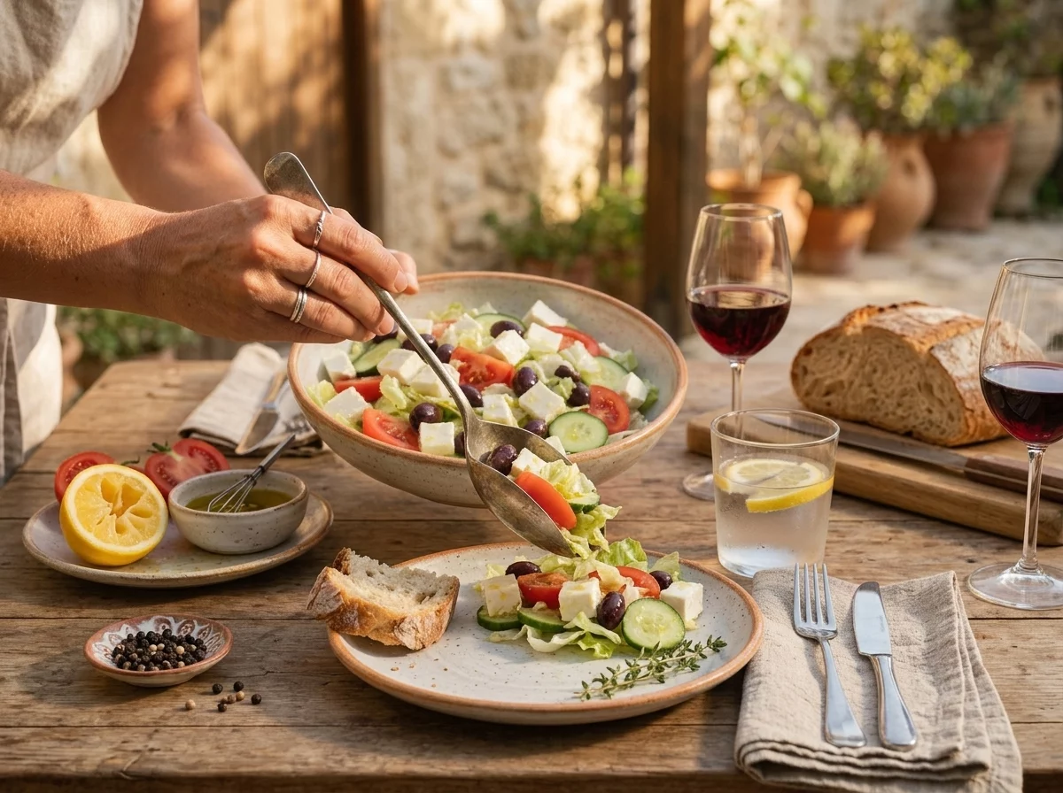 Table setting with Cypriot village salad plated next to crusty bread, a linen napkin, and a glass of water in sunlight
