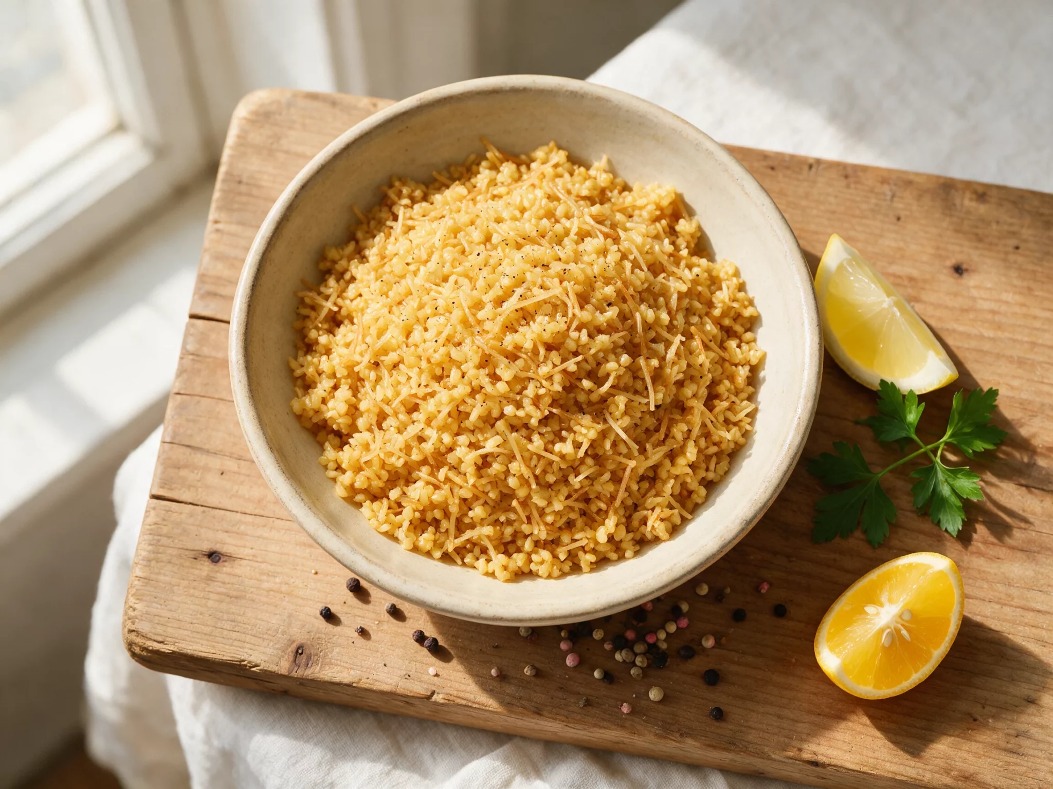 Overhead view of nutty Cypriot bulgur pilaf pourgouri with toasted vermicelli strands in a shallow bowl on a wooden board