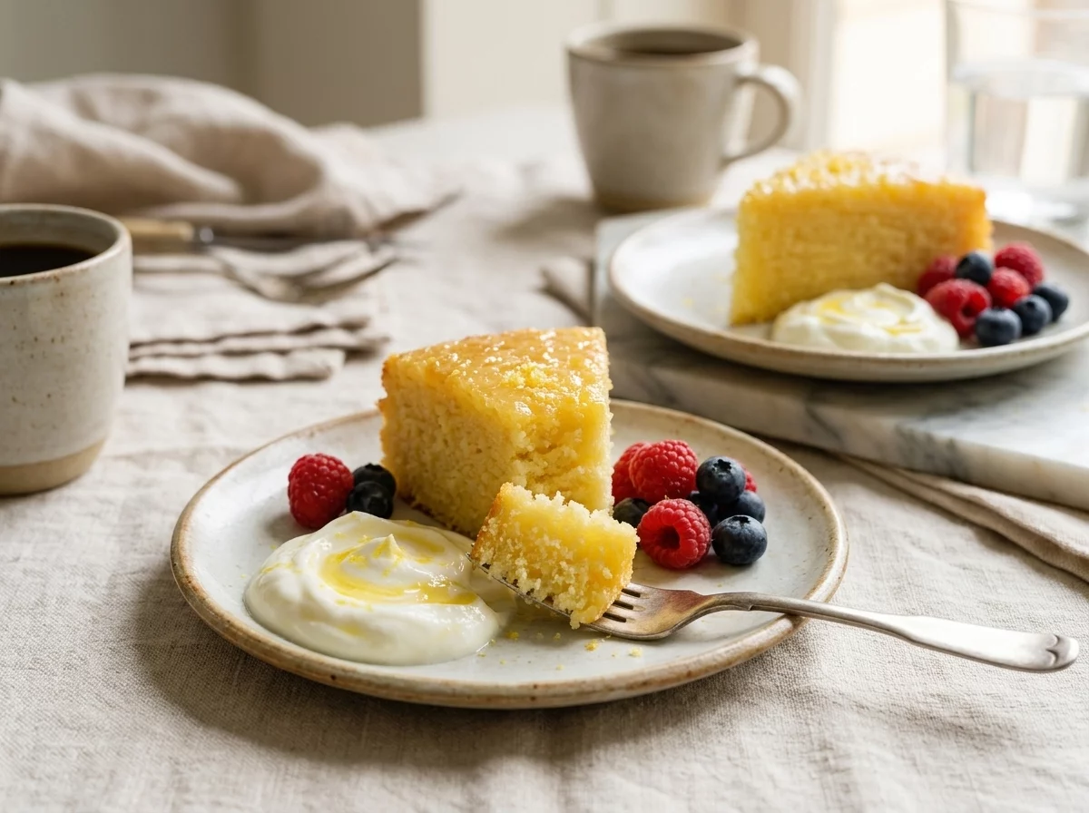 Two plates of lemon yogurt cake with yogurt and berries on a linen tablecloth beside cups of coffee in morning light
