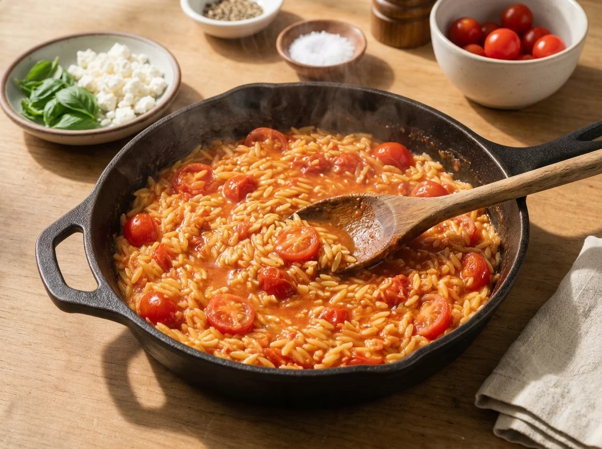 Wooden spoon stirring orzo through simmering tomato broth in a deep skillet, steam rising off the pan