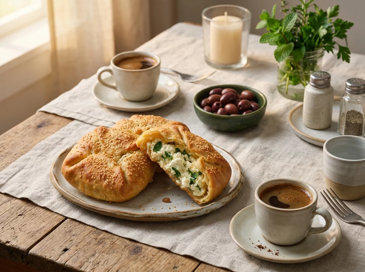 Platter of flaounes served alongside small cups of Cyprus coffee and olives on a linen tablecloth in morning light.