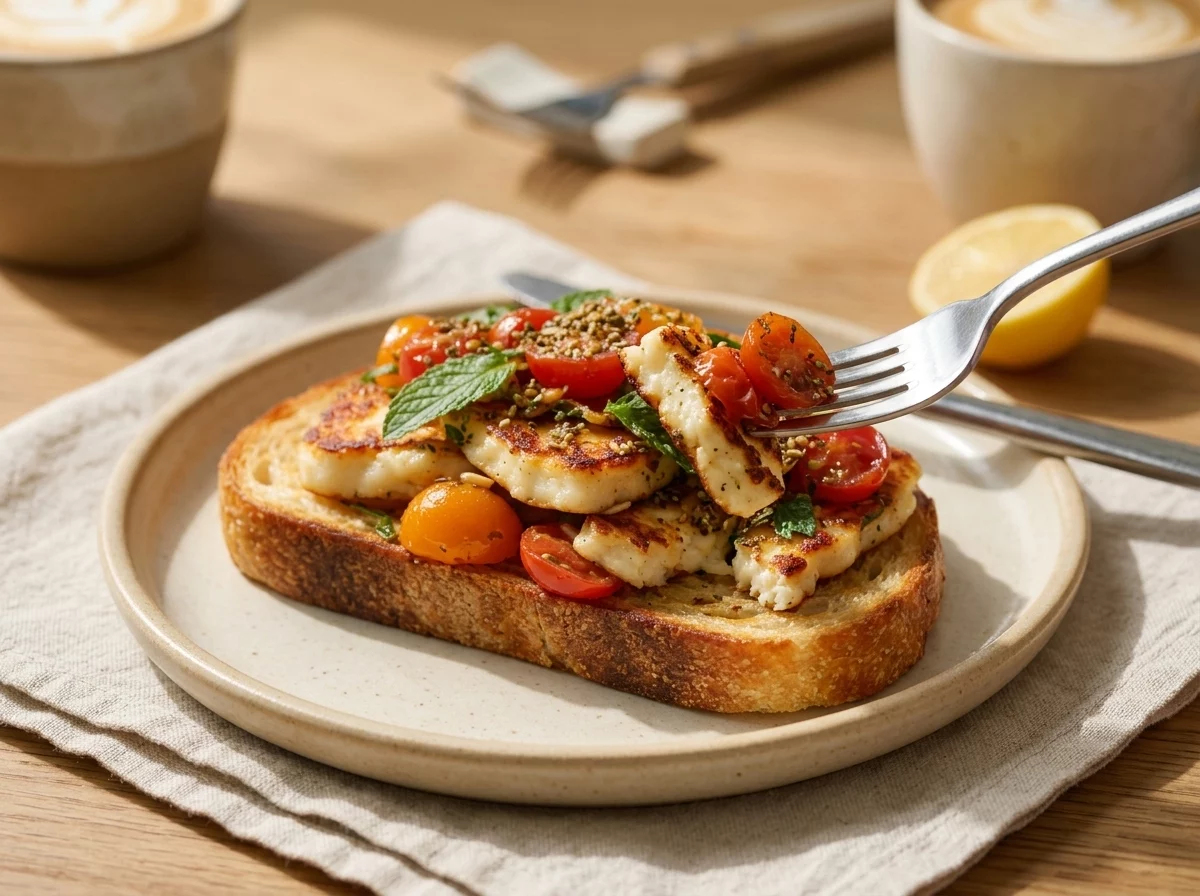 Hands reaching for halloumi toast on a linen napkin, morning coffee cup and lemon half nearby, sunlight across the table.