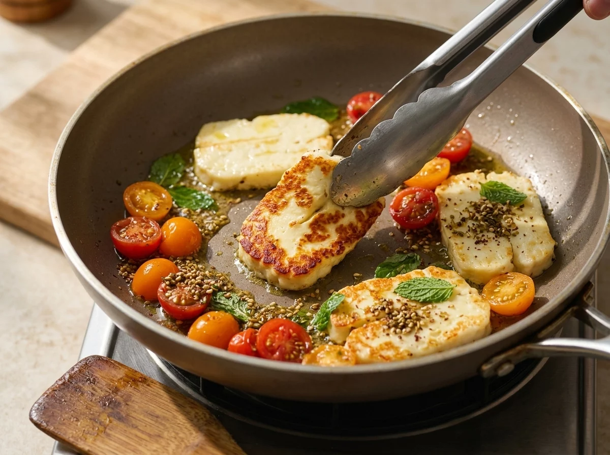 Golden halloumi slices sizzling in a nonstick skillet, edges crisping while the centers stay soft, oil glistening in the pan.