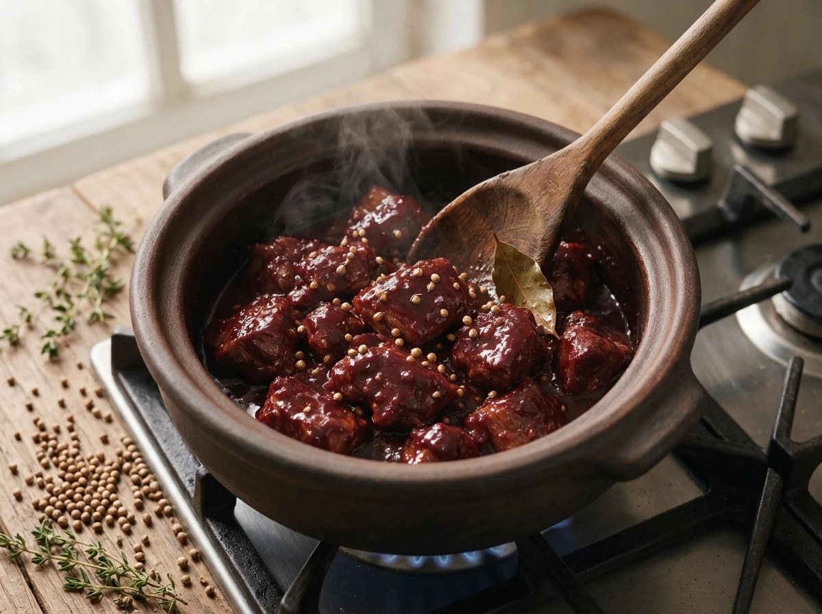 Pork shoulder cubes browning in a dutch oven with olive oil and crushed coriander seeds visible