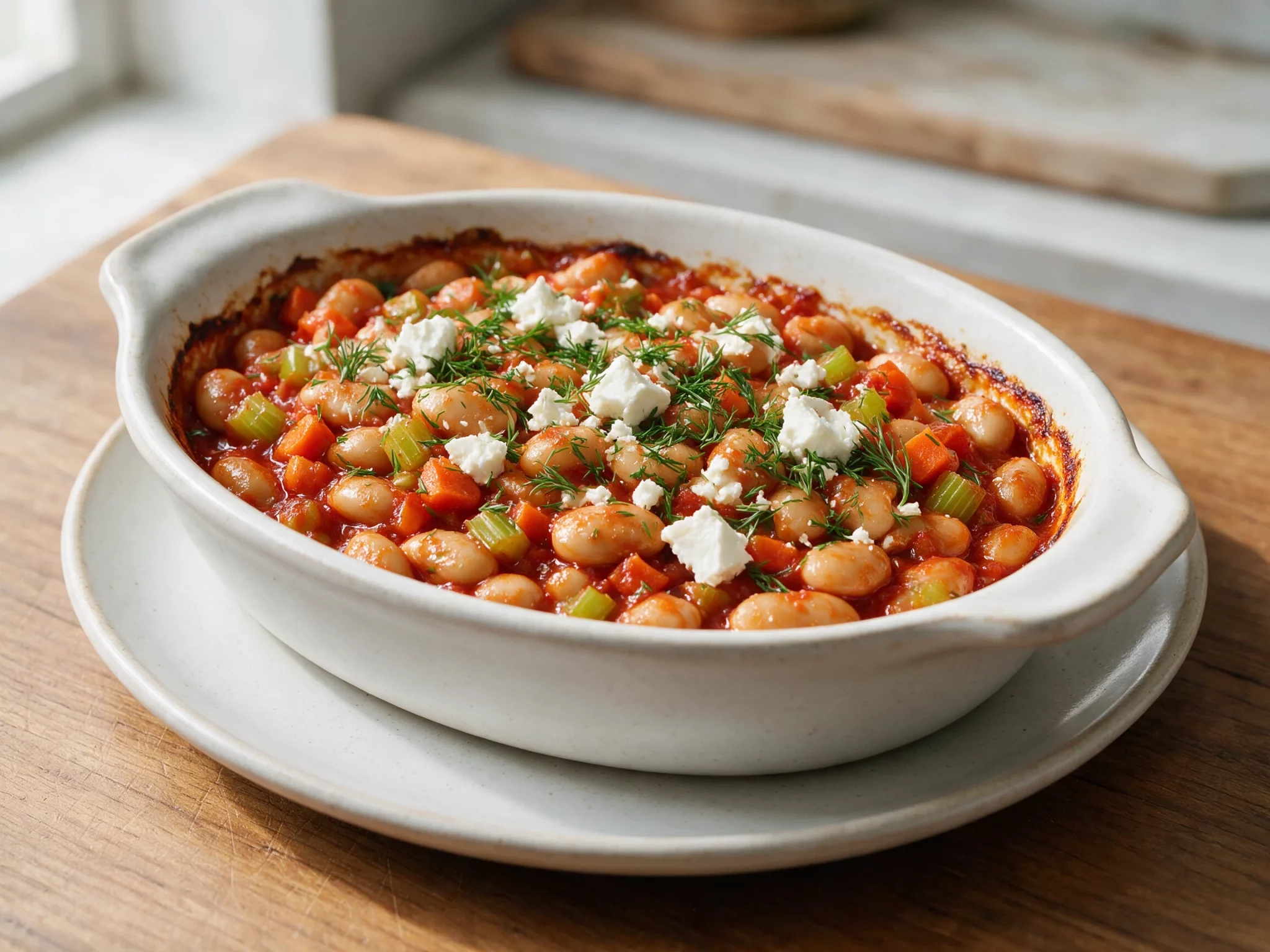 Top-down view of golden-edged gigantes plaki in a white baking dish, dill and crumbled feta scattered over thick tomato sauce