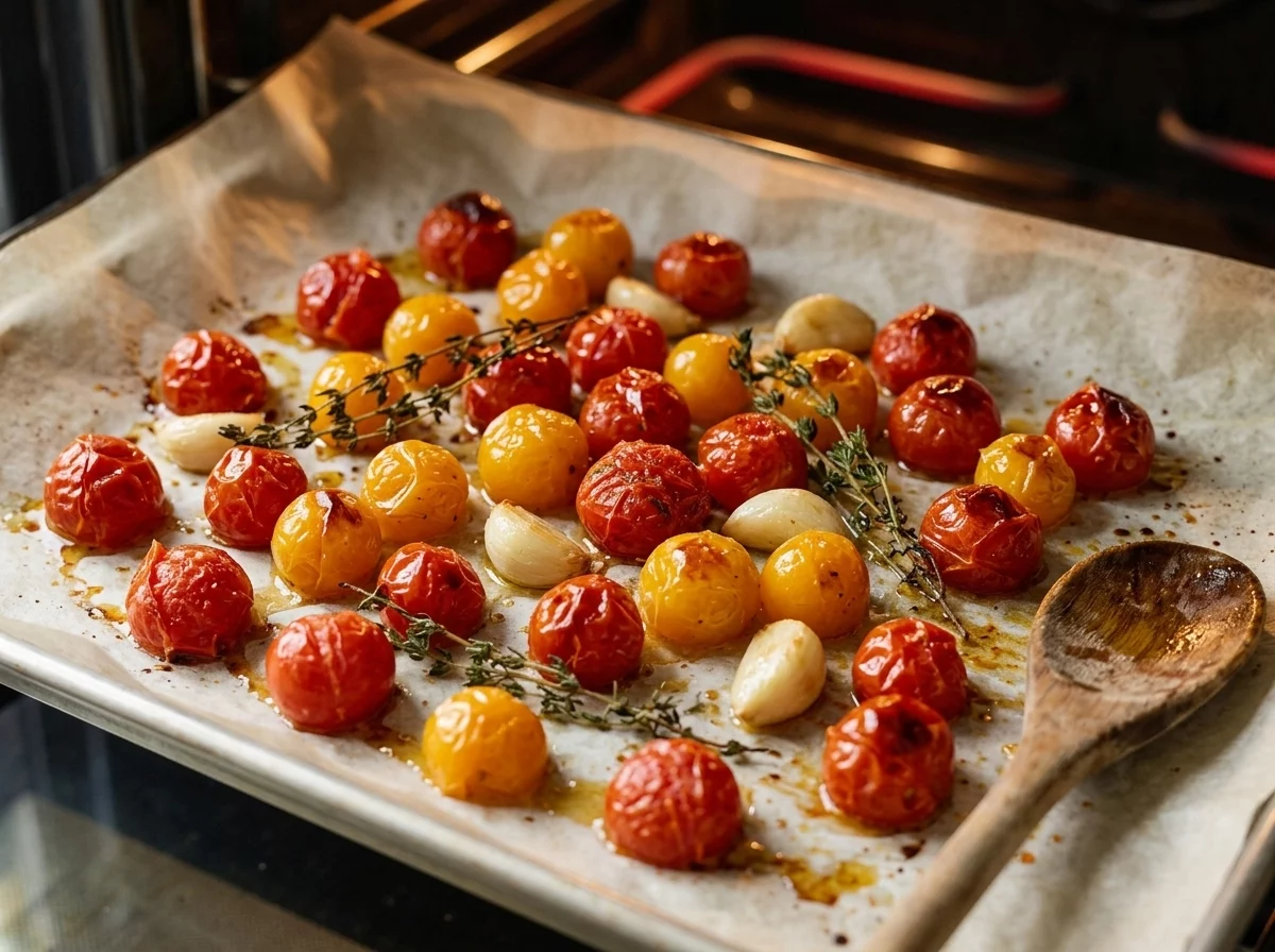 Cherry tomatoes and whole garlic cloves roasting on a parchment-lined sheet pan, skins split with juices pooling around them.