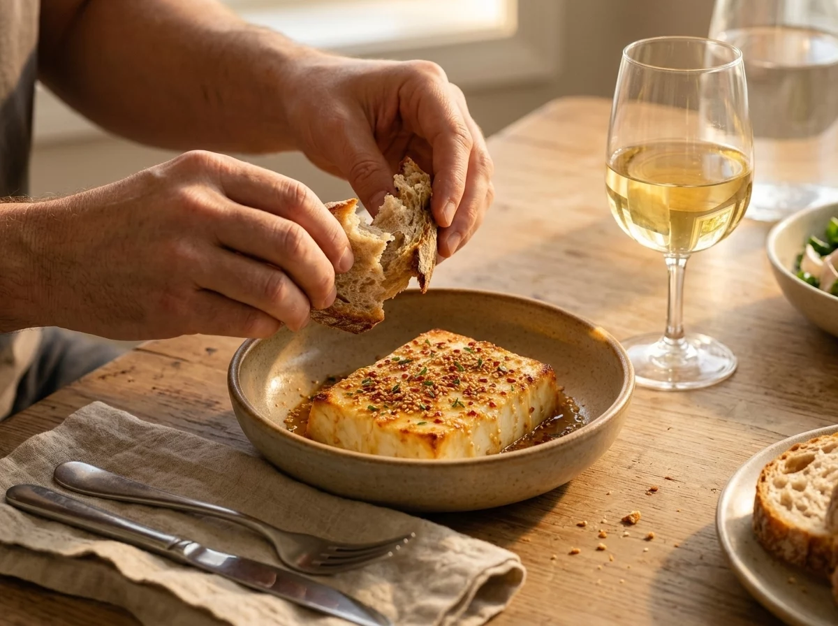Two hands breaking crusty bread to scoop warm honey feta at a wood table with a glass of white wine