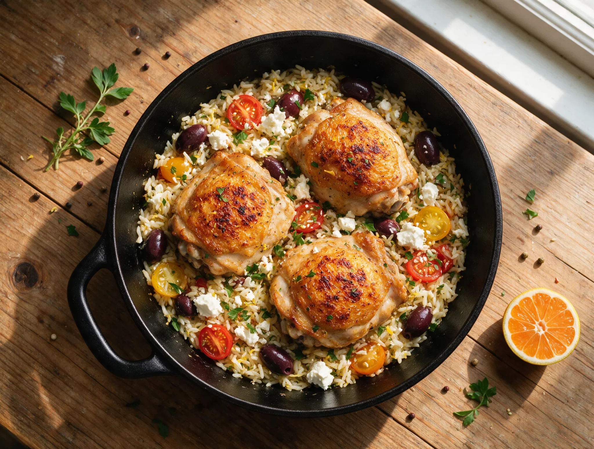 Overhead view of Greek chicken and rice bake in a cast iron skillet with crisp chicken skin, feta, and olives