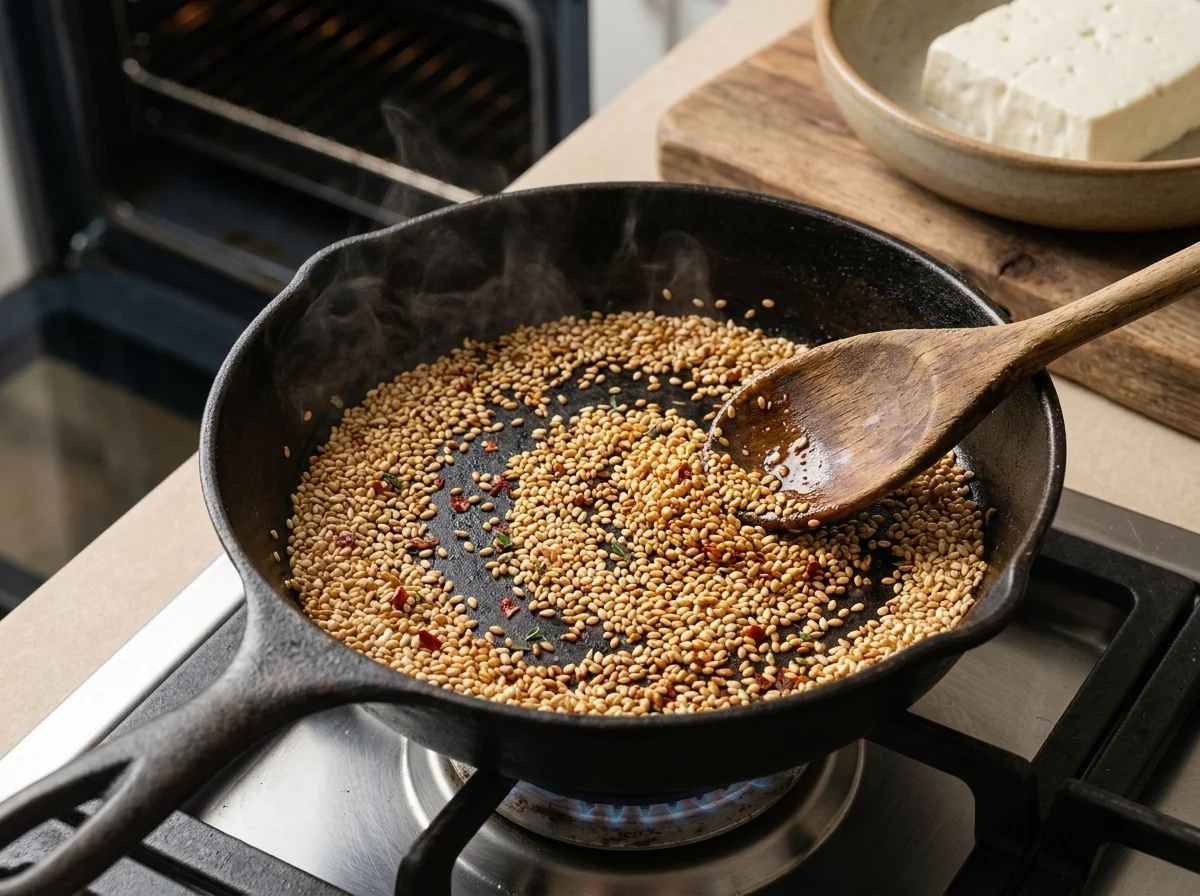 Close-up of sesame seeds toasting in a small skillet next to the feta baking dish, steam rising in the kitchen