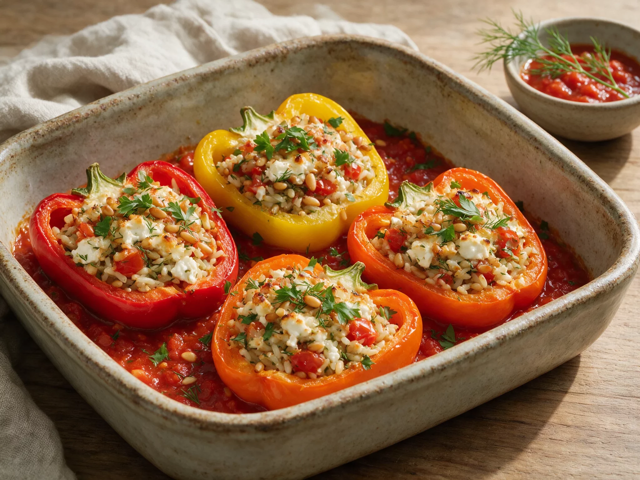 Overhead shot of a baking dish with golden-topped Mediterranean stuffed peppers, tomato sauce pooling around each one.