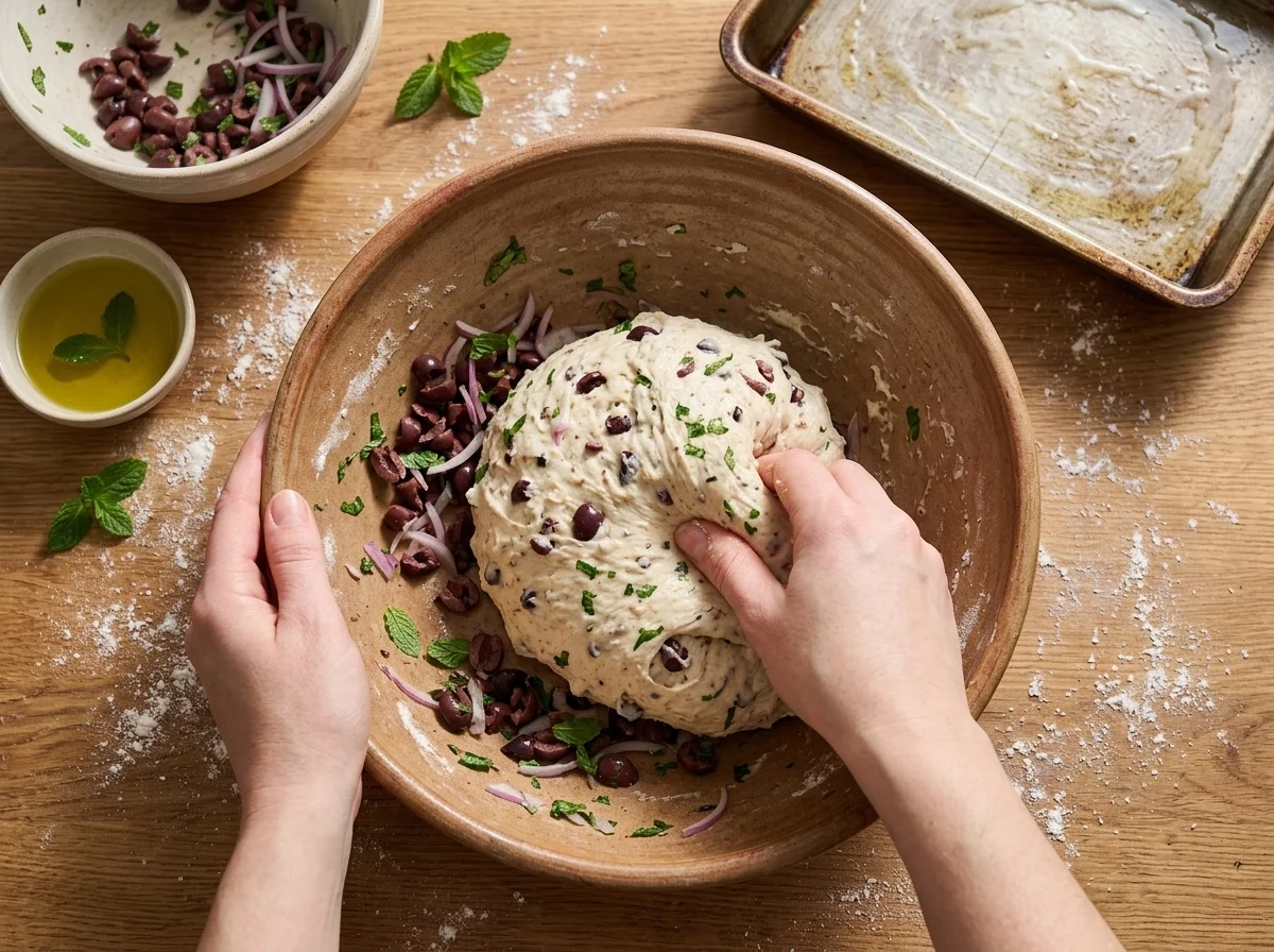 Hands kneading chopped kalamata olives, red onion, and mint into pale yeasted dough on a floured counter.