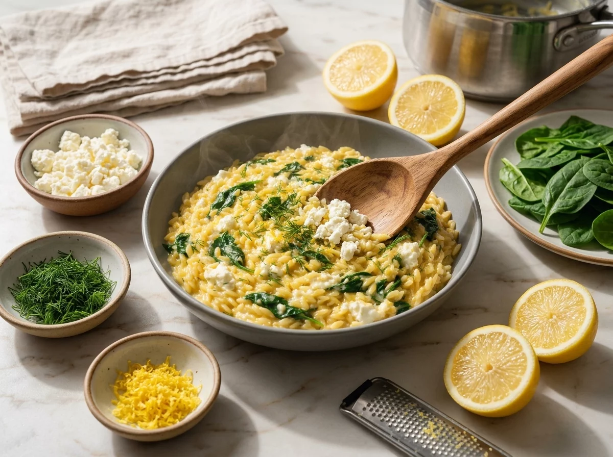 Wooden spoon stirring orzo and broth in a steel skillet, steam rising as the starch thickens into a creamy sauce.
