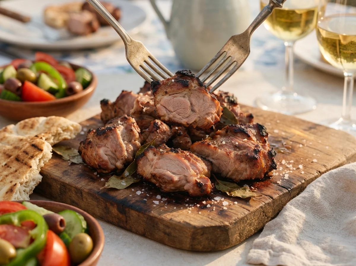Outdoor table set with sliced souvla, warm pita, olives, and wine glasses under soft afternoon sunlight