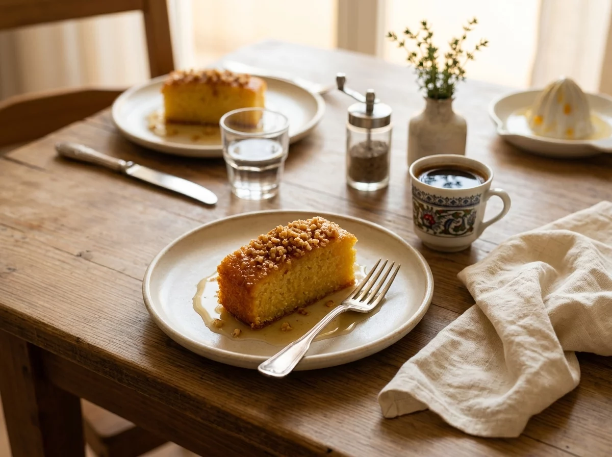 A slice of honey cake on a small plate next to a cup of Greek coffee on a linen napkin.