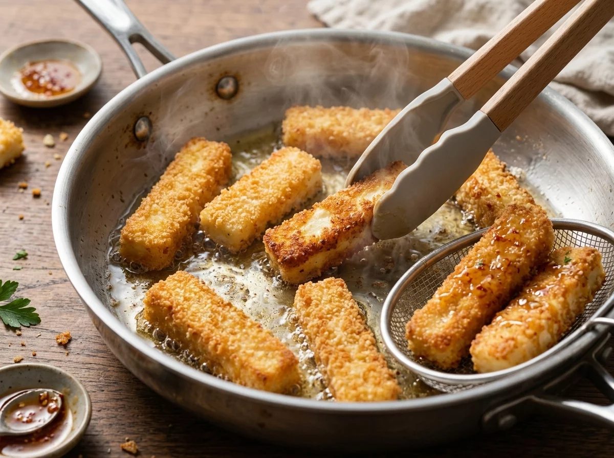 Breaded halloumi sticks frying in shallow oil in a stainless skillet, edges turning golden as tongs lift one piece