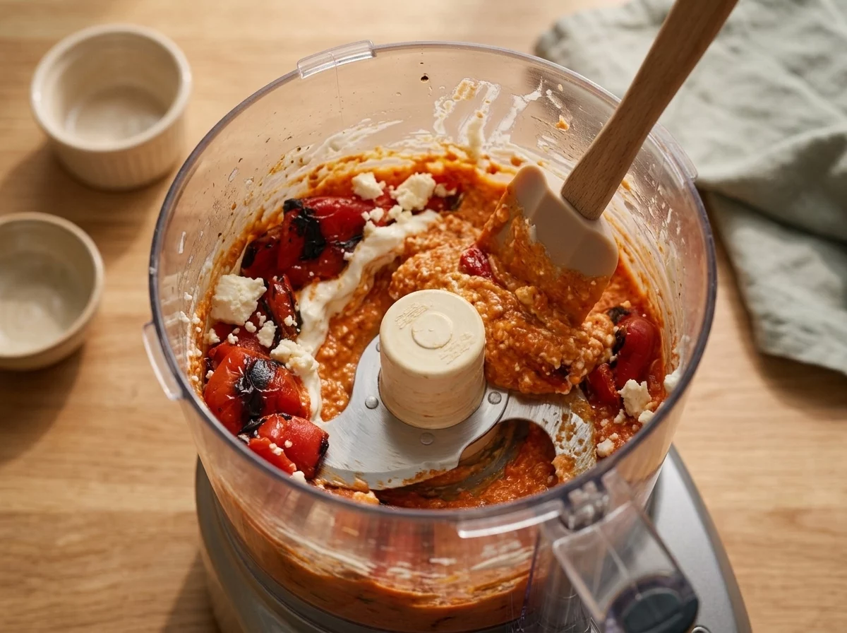 Charred, peeled red peppers and crumbled feta being blended together in a food processor with visible streaks of yogurt