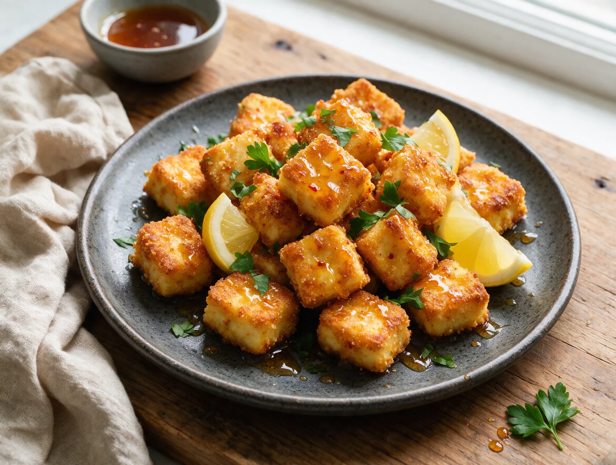 Golden halloumi cubes piled on a dark plate, drizzled with hot honey and scattered with lemon zest and parsley.