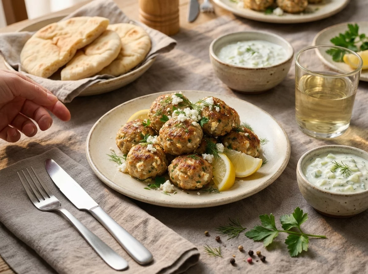 Table set with a plate of turkey meatballs, tzatziki, warm pita, and a glass of wine in soft afternoon light