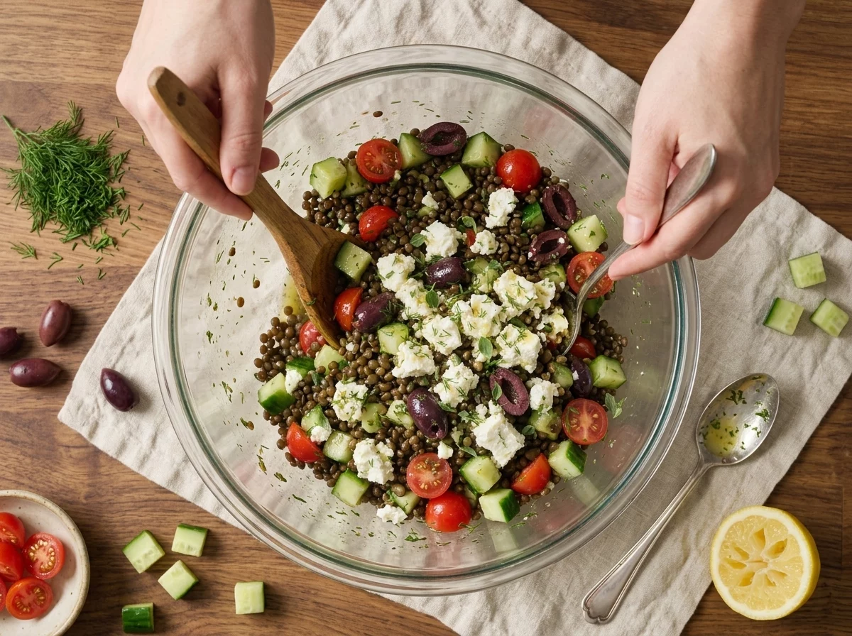 Hands tossing cooked lentils with cucumber, tomatoes, and lemon dressing in a large glass mixing bowl on a marble counter