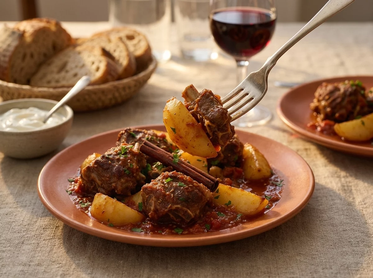 Two plates of lamb tava with crusty bread and a small bowl of yogurt on a linen table in warm evening light.