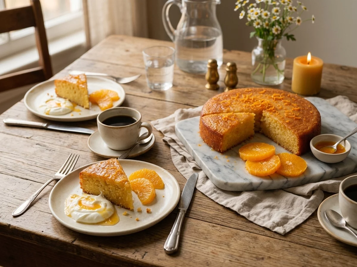 Sliced orange olive oil cake on a linen napkin with coffee, fresh oranges, and a dollop of yogurt on a rustic wooden table.