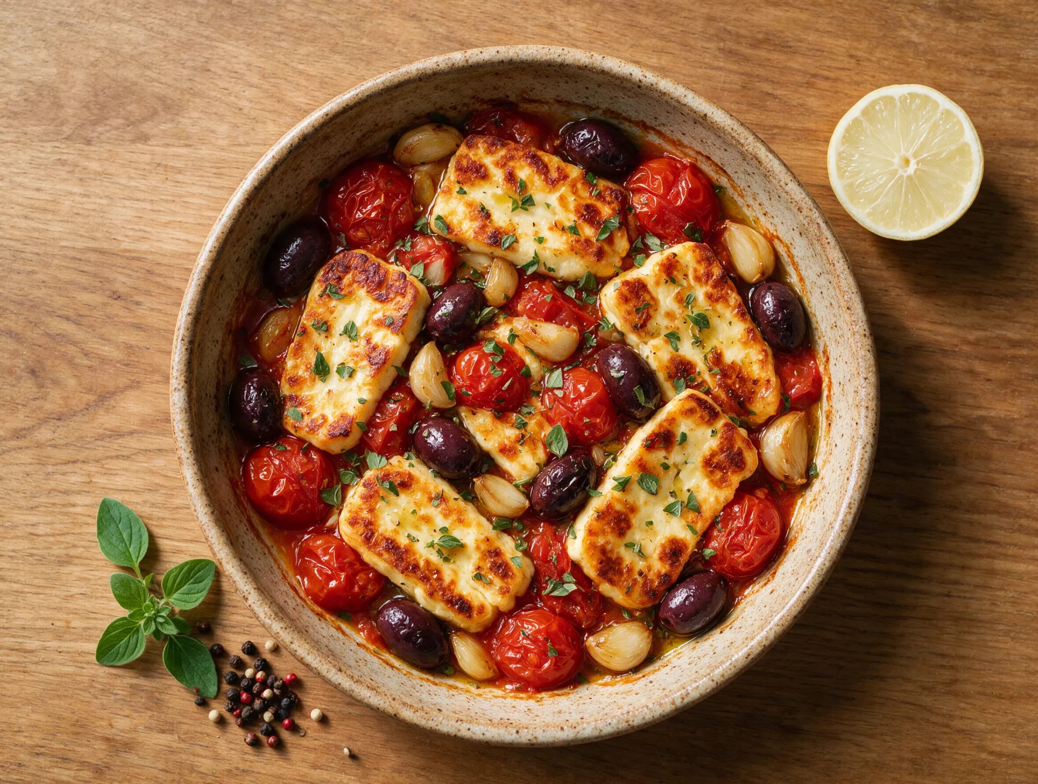 Overhead view of golden baked halloumi slices nestled in blistered cherry tomatoes and kalamata olives in a ceramic dish