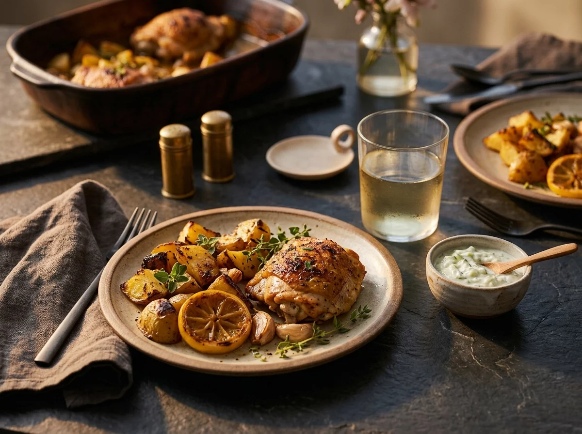 Plated Cypriot chicken and potato tray bake with tzatziki and a glass of white wine on a wooden table