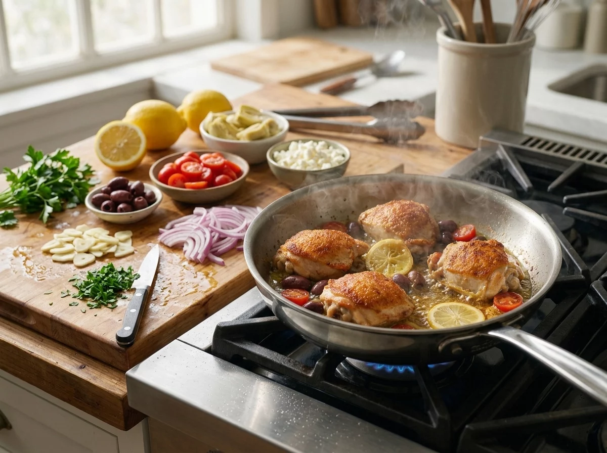 Chicken thighs searing skin-side down in a hot skillet next to sliced garlic and red onion on a board.