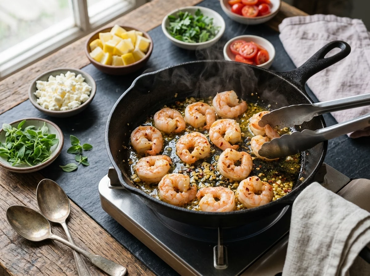 Pink shrimp searing in olive oil with garlic and red pepper flakes in a stainless steel skillet, steam rising