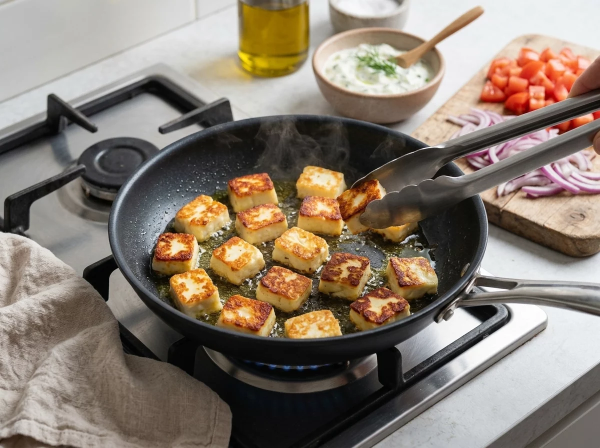 Halloumi slices sizzling in a nonstick skillet, edges turning deep golden brown, tongs resting nearby