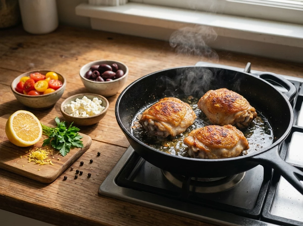 Chicken thighs searing skin-side down in an oven-safe skillet, oil bubbling around the golden, crackling skin