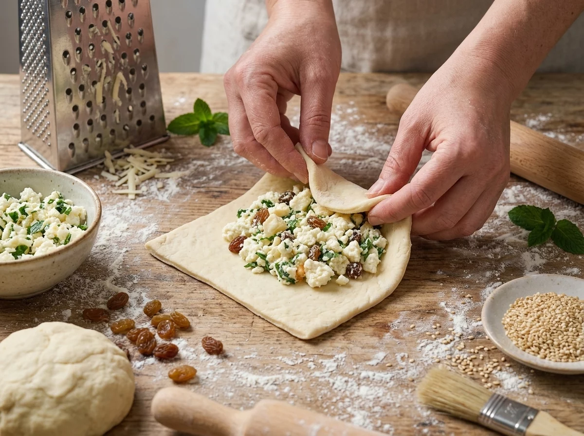 Hands folding a round of dough over halloumi and mint filling on a floured countertop, raisins scattered nearby in small bowls.