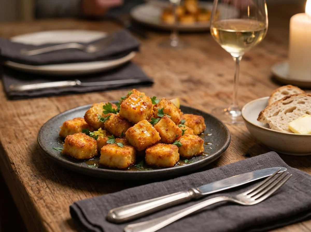 Hands reaching for halloumi bites on a wooden board with a small honey dish and glass of white wine nearby.