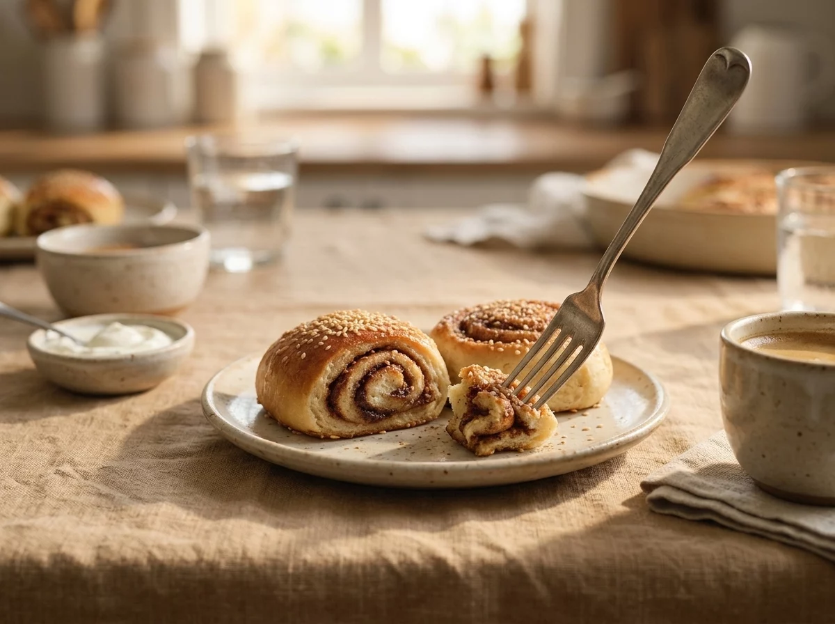 Two tahini rolls plated with coffee and yogurt on a linen tablecloth in morning light, ready for breakfast