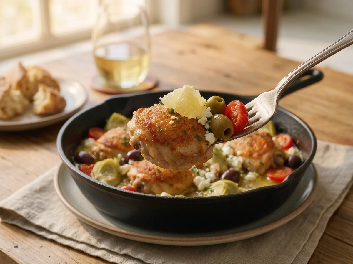 A wooden table set with the chicken skillet, crusty bread, and a glass of white wine at dinnertime.