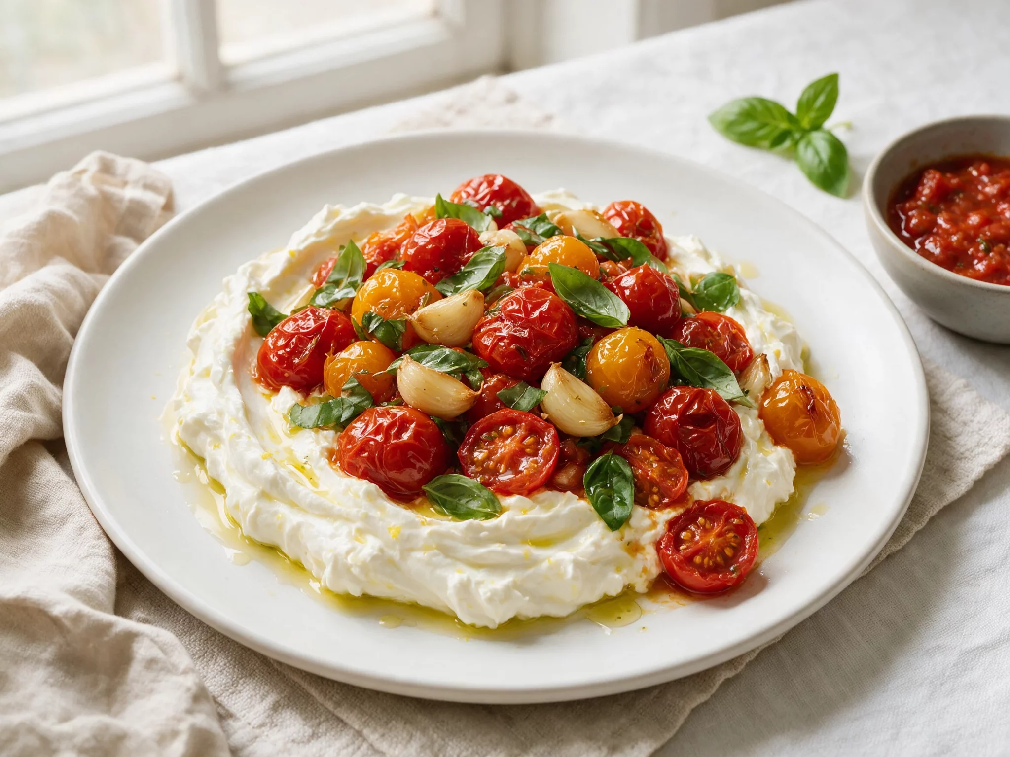 Overhead view of whipped feta swirled on a plate, topped with blistered roasted cherry tomatoes and fresh basil leaves.