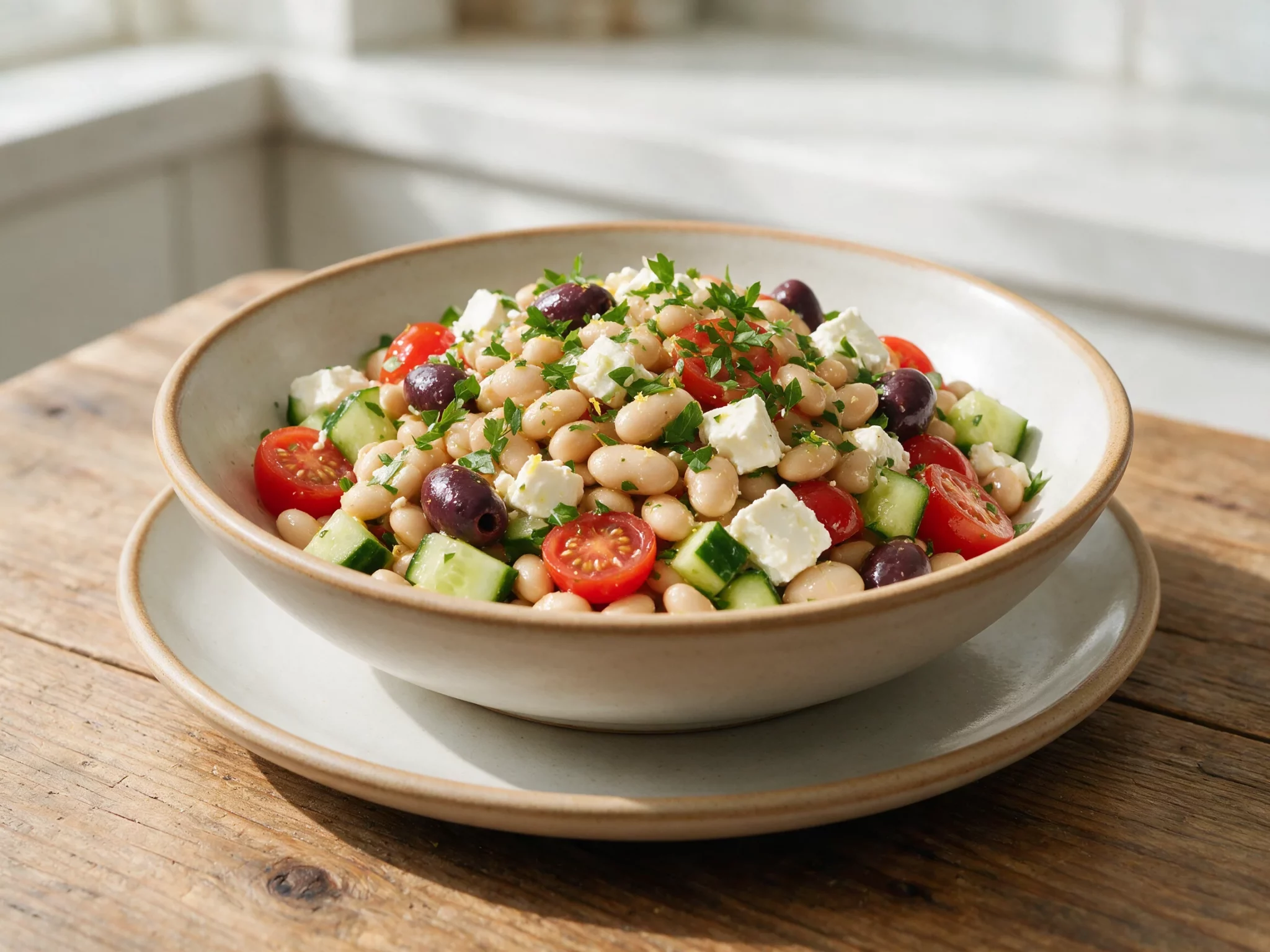 Overhead view of Mediterranean white bean salad in a ceramic bowl with feta cubes, olives, and diced cucumber visible.