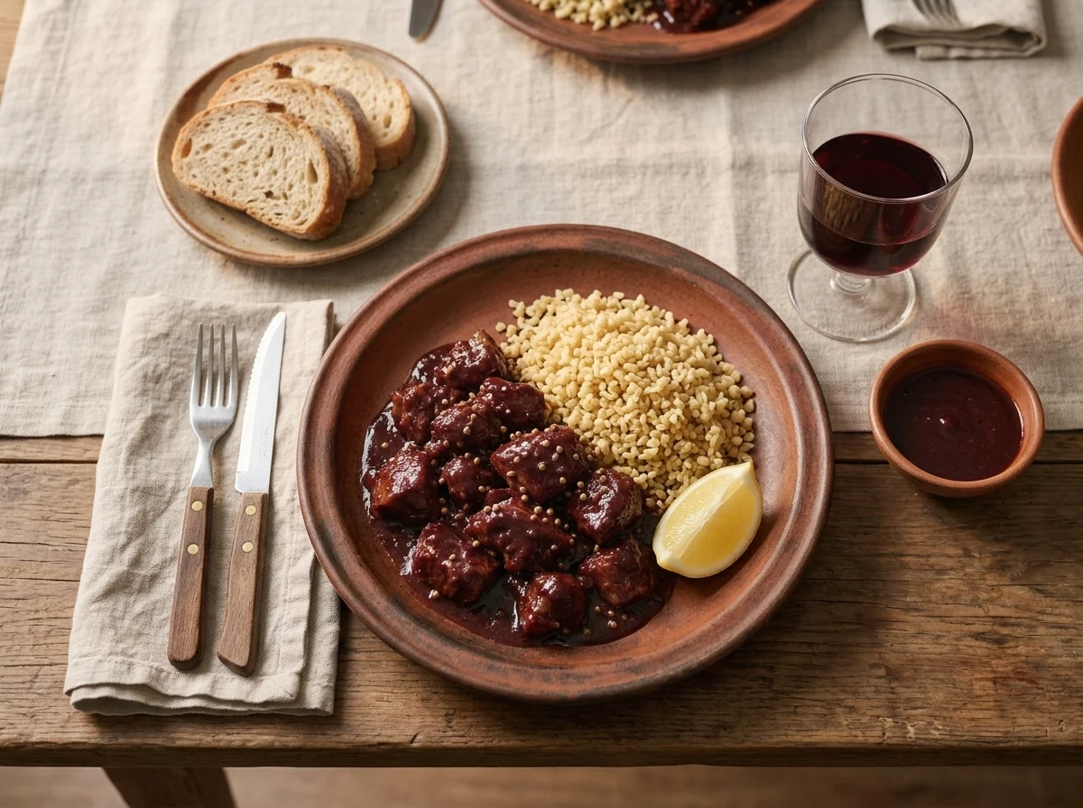Plate of Cypriot afelia pork with pourgouri pilaf, lemon wedge, and a glass of red wine on a table