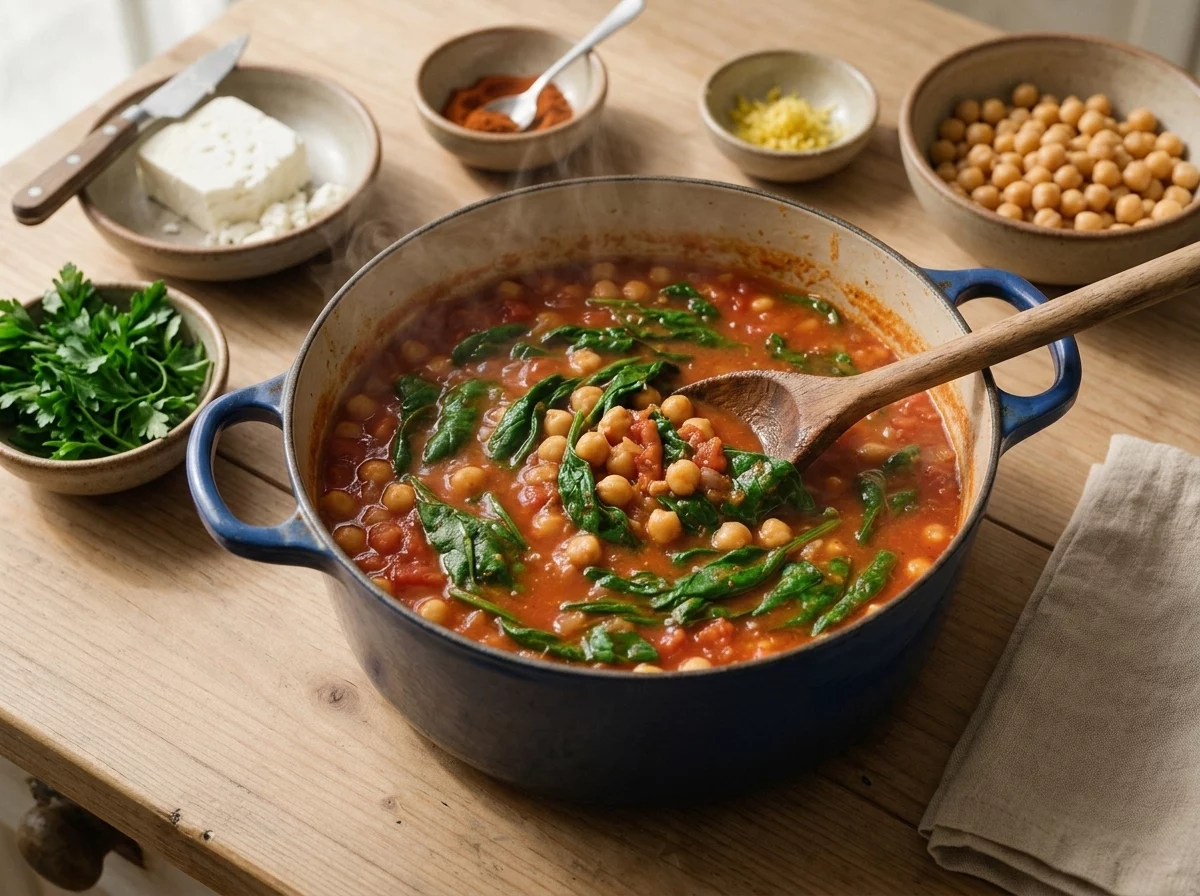 Wooden spoon stirring chickpeas and wilted spinach into simmering tomato broth inside a dutch oven on the stove