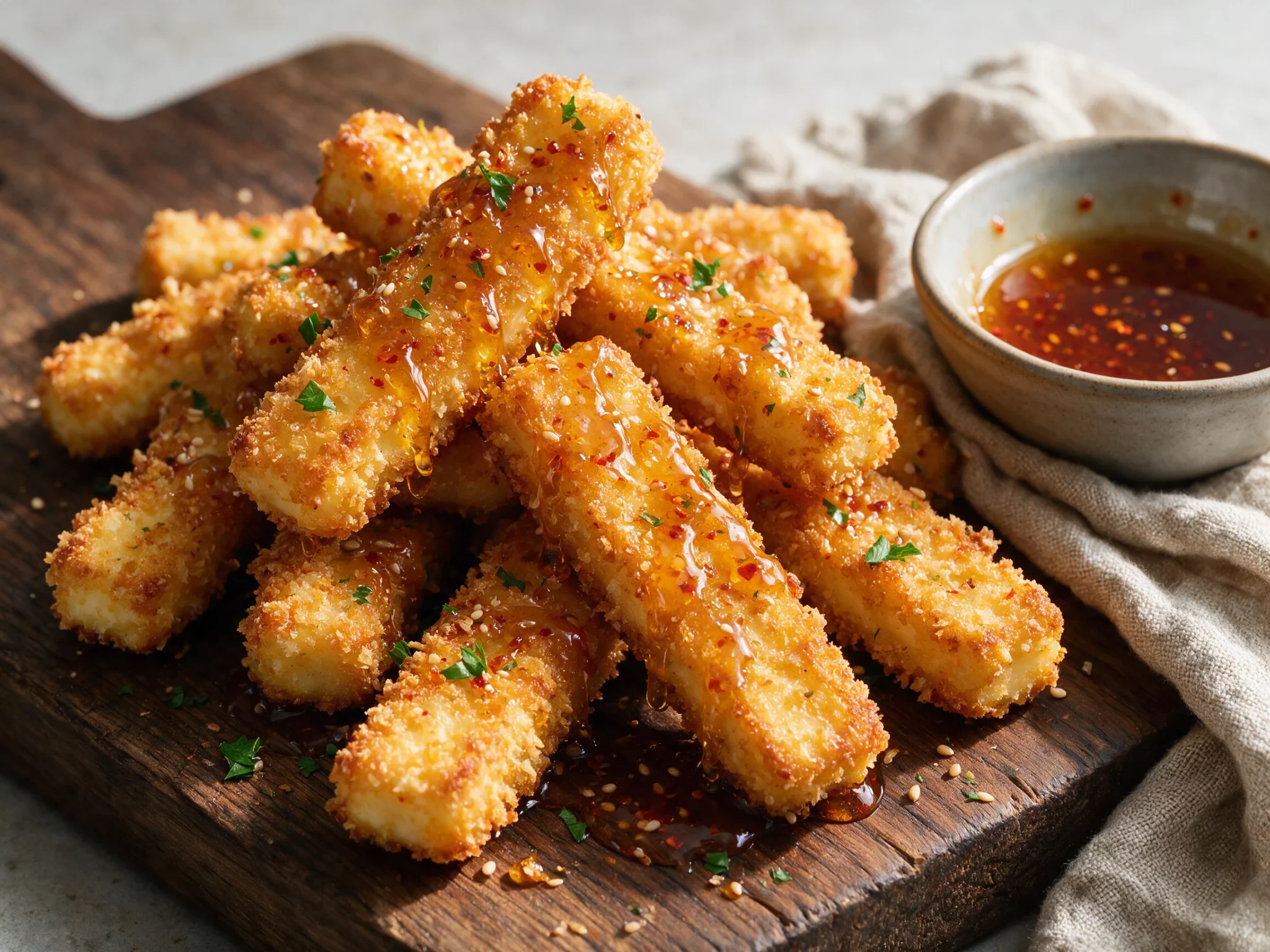 Crispy Halloumi Fries with Hot Honey Drizzle