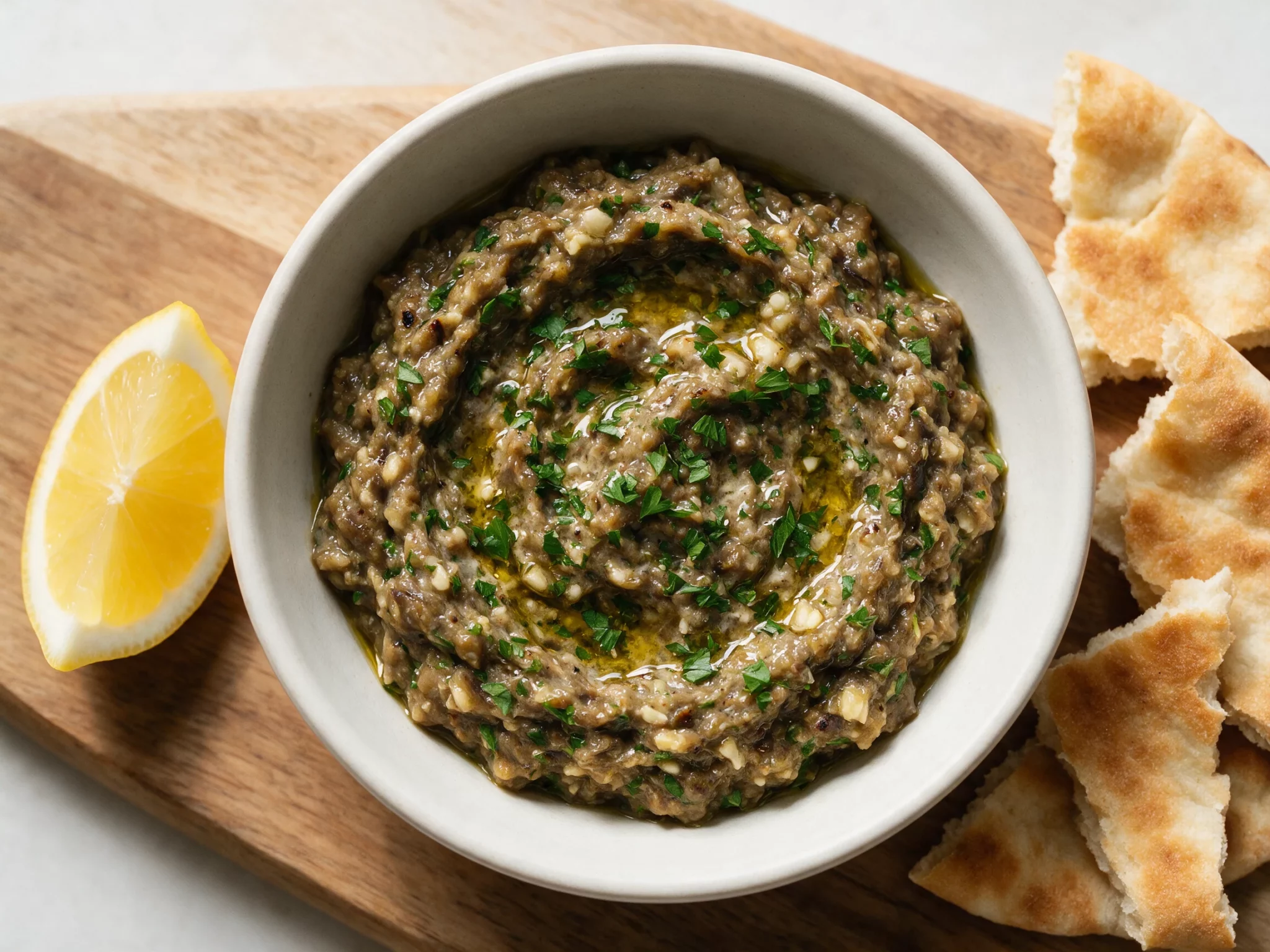 Overhead view of chunky melitzanosalata in a bowl, swirled with olive oil, parsley, and a lemon wedge on a wooden board