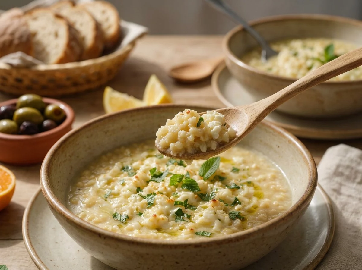 Two bowls of trahana soup on a rustic table with crusty bread, lemon wedges, and olives set for a shared meal
