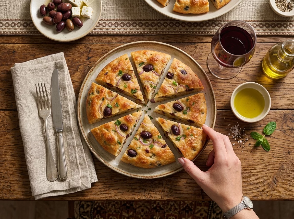 A linen-covered table with warm eliopita wedges, a small bowl of olive oil, and a glass of red wine.