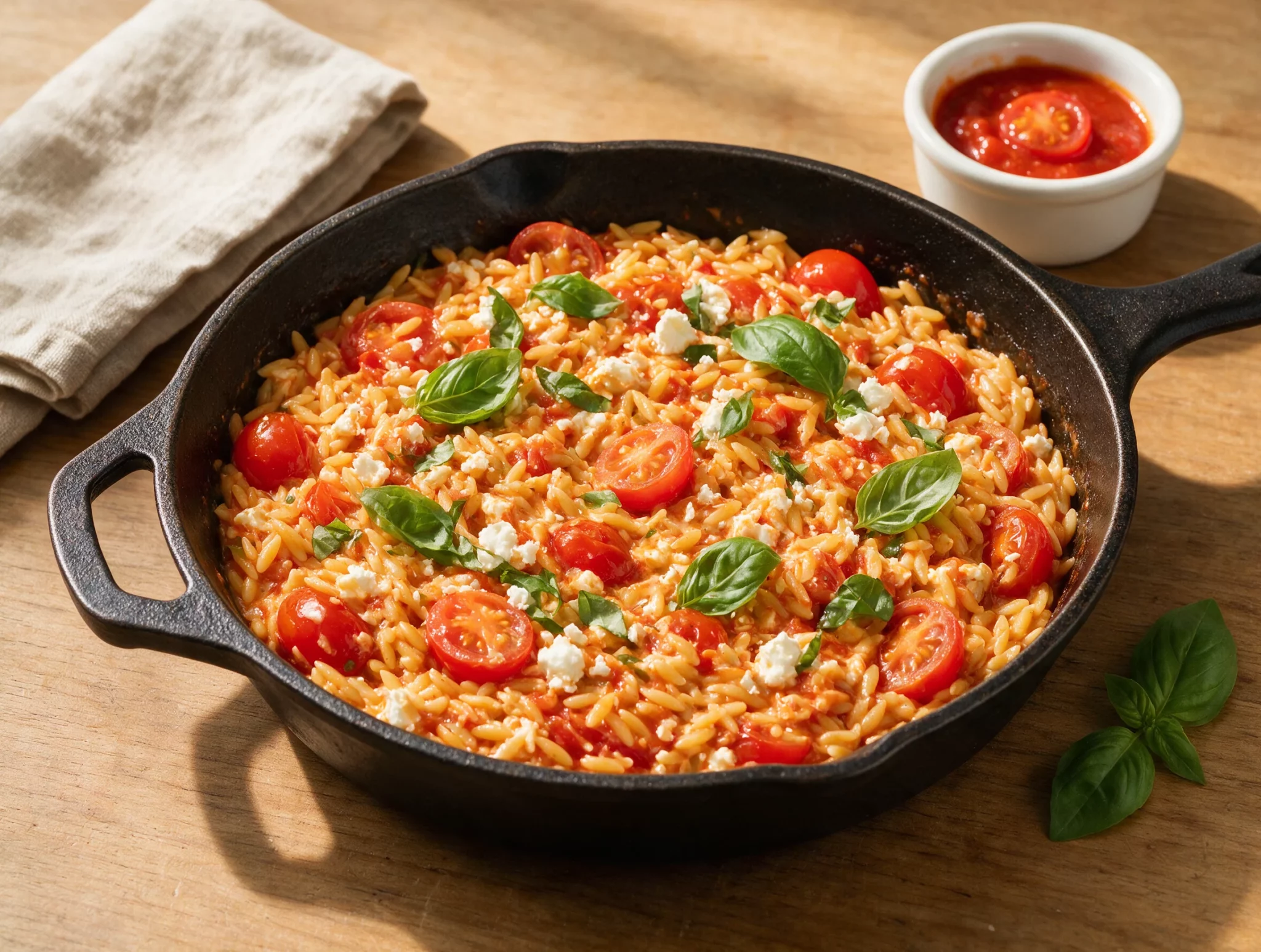Overhead view of creamy tomato feta orzo in a dark skillet with melted feta and fresh basil on top