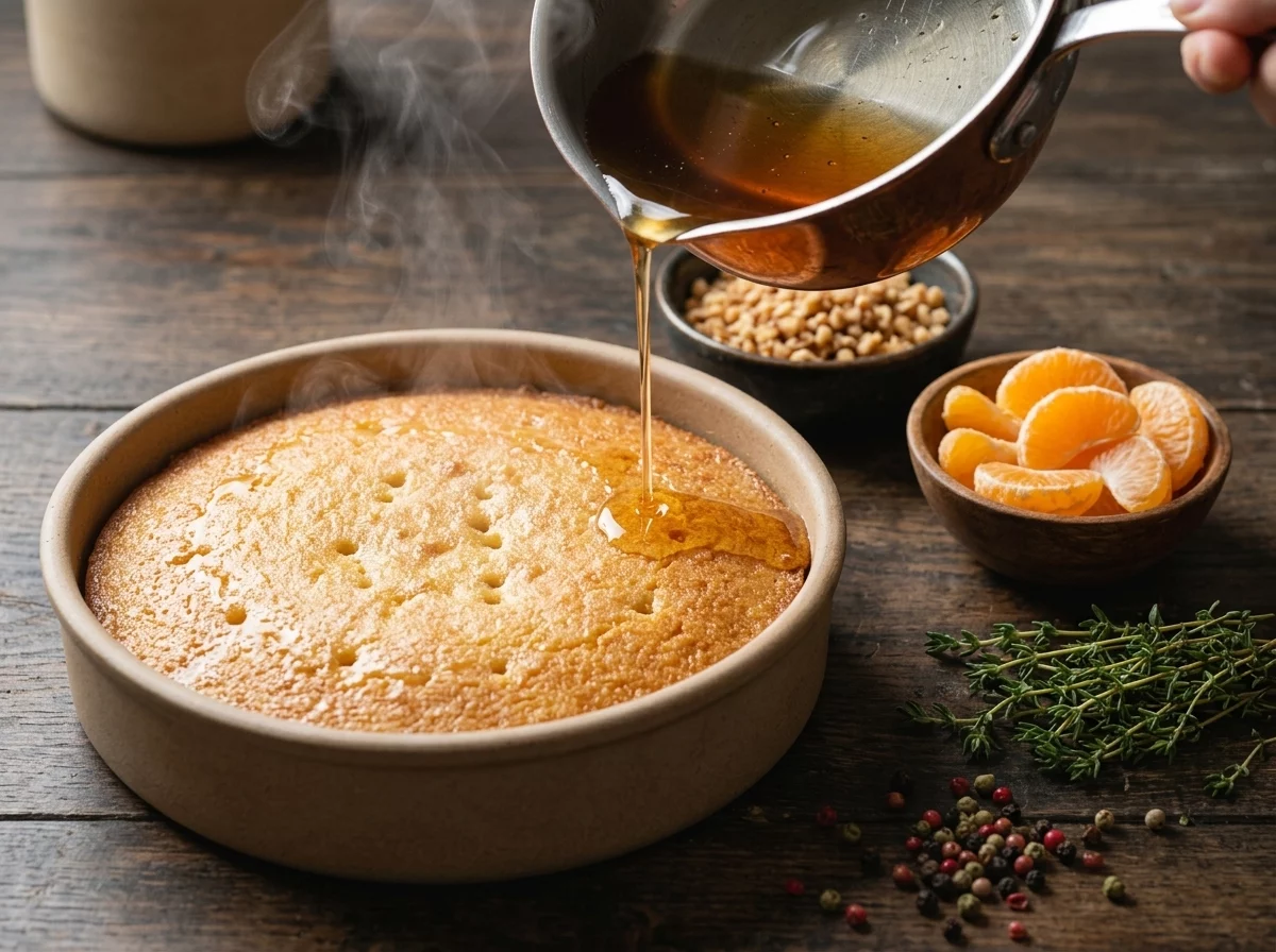 Cold honey syrup being poured over a steaming hot semolina cake still in its round baking pan.