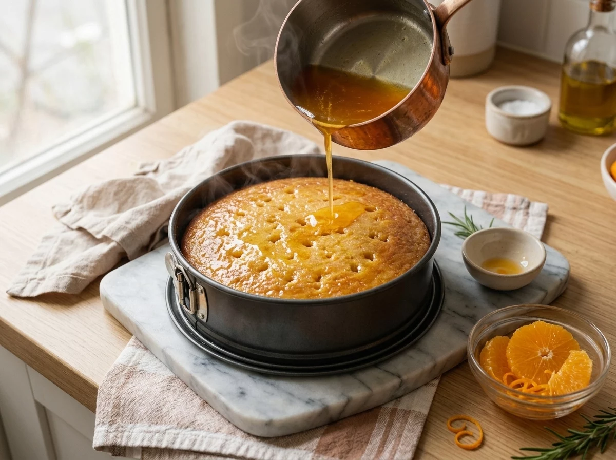 Warm orange syrup being poured over a just-baked olive oil cake still in its springform pan, with steam rising off the top.