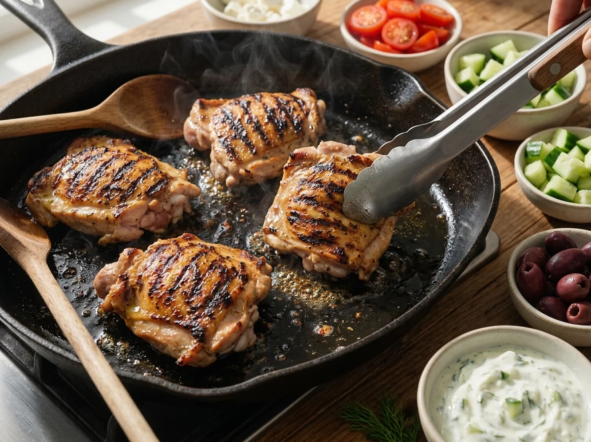 Chicken thighs sizzling on a hot grill pan with char marks, tongs lifting one piece to check doneness.