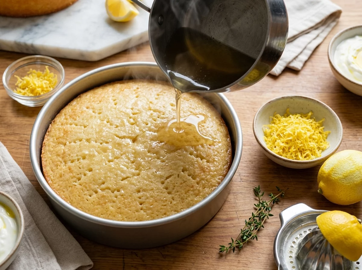 Warm lemon syrup being poured over a skewer-poked cake still in its round pan, steam rising from the soaked crumb